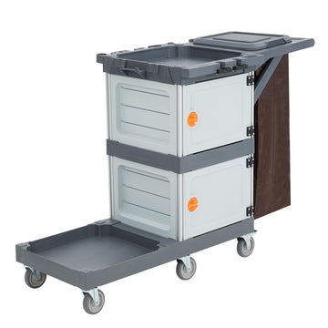 Carrello per pulizie commerciali Garvee con 2 armadietti, 3 ripiani, 6 ruote per ufficio e hotel, grigio, capacità 300 libbre