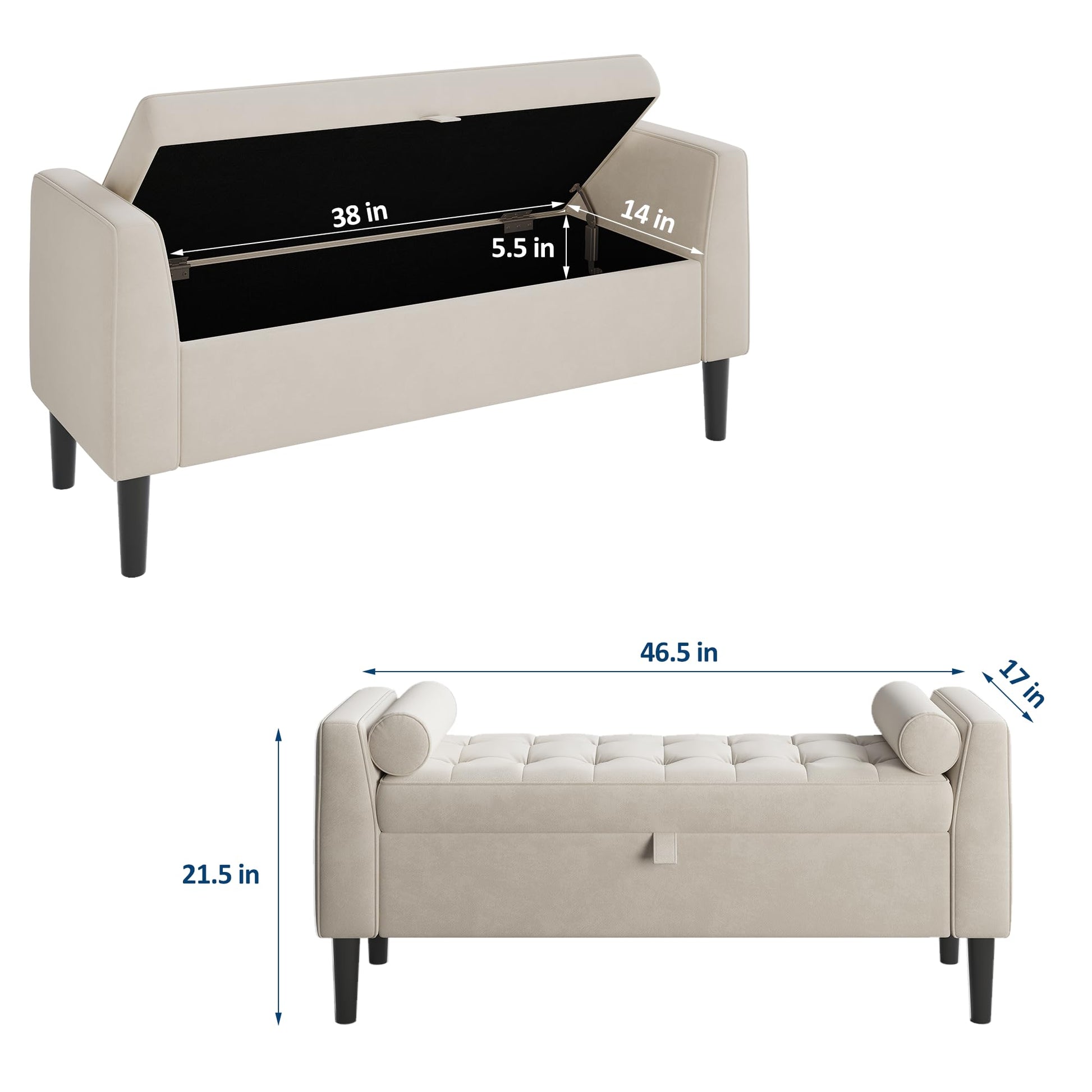 Panca contenitore Garvee da 46,5" con rivestimento in velluto, spazio di archiviazione e gambe in legno per corridoio e camera da letto, beige, imbottita, cerniere di sicurezza