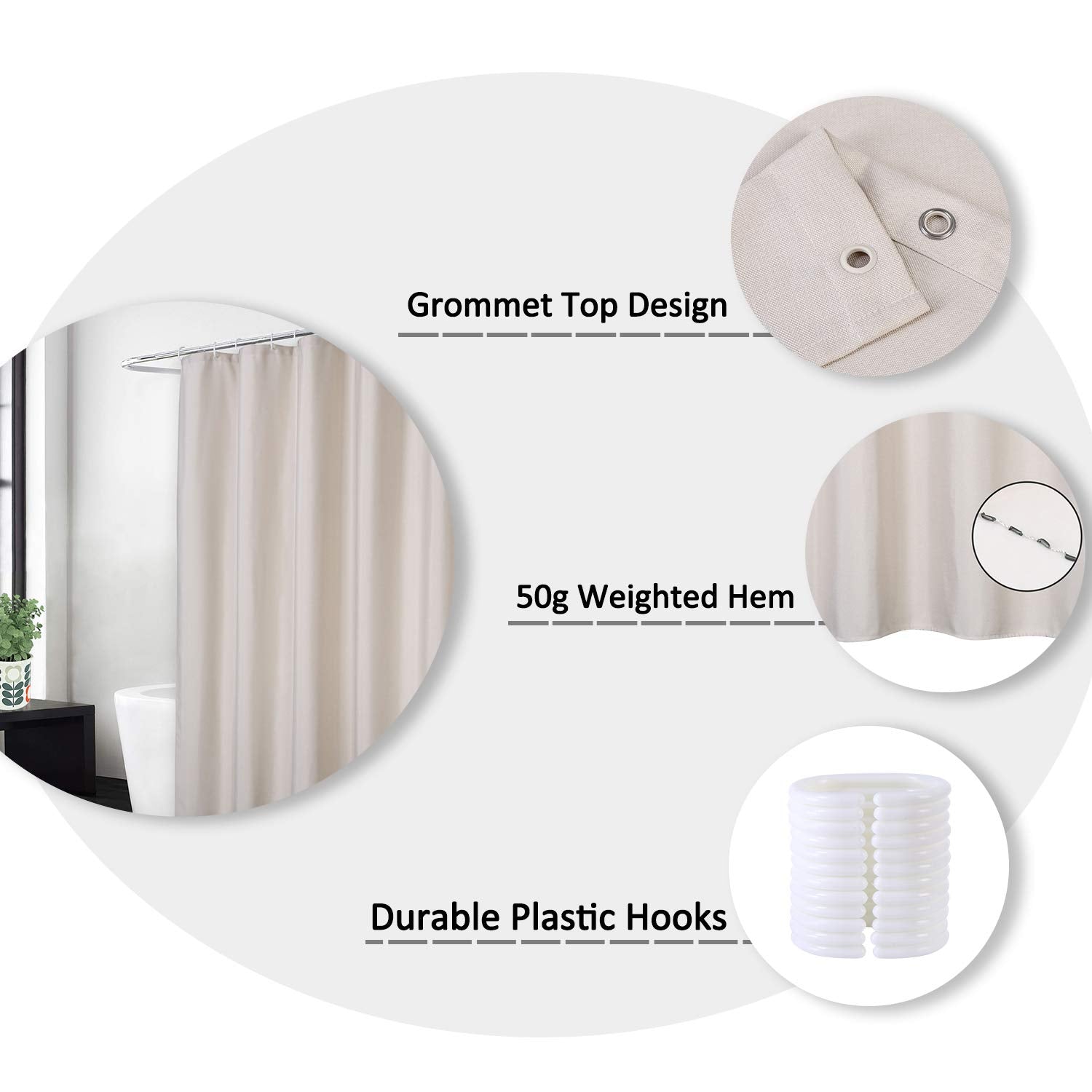 Tenda da doccia impermeabile in poliestere Garvee con ganci per bagni e vasche da bagno 72"x72" Beige