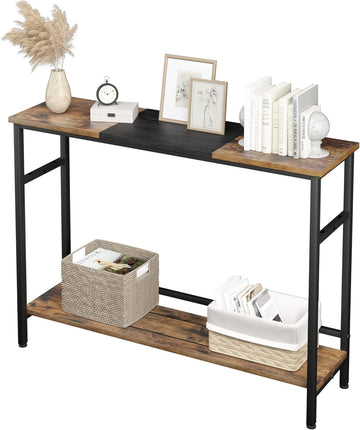 GARVEE Tavolo consolle stretto con ripiani in legno, colore vintage, struttura in metallo, 100x23x80 cm, robusto, per piccoli spazi, corridoio, soggiorno