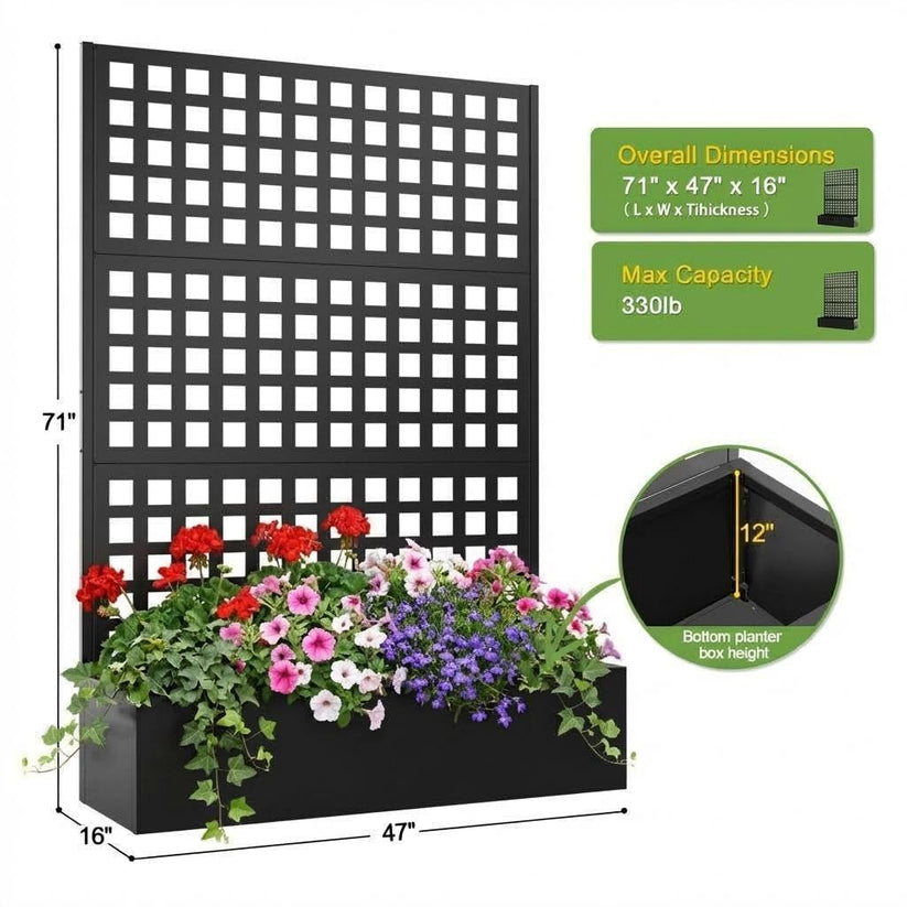 GARVEE Fioriera da Esterno in Metallo Zincato Nero con Traliccio Privacy a 3 Pannelli, Fori di Drenaggio e Ruote Bloccabili, per Patio e Giardino