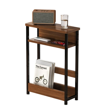 Tavolino laterale stretto Garvee, 3 ripiani con ripiano, MDF e metallo, stile rustico, piedini regolabili, soggiorno e ufficio, salvaspazio, nero