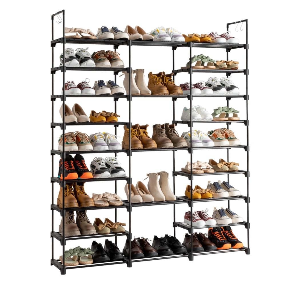 Scarpiera Garvee a 9 ripiani per 50 paia di scarpe, struttura in metallo, ripiani in PP impermeabili, con ganci, per corridoio e garage, nero, impilabile