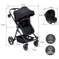 Garvee 3 in 1 Passeggino Set completo Nero con navicella, seggiolino per passeggino e seggiolino auto per bambini fino a 26 kg regolabile