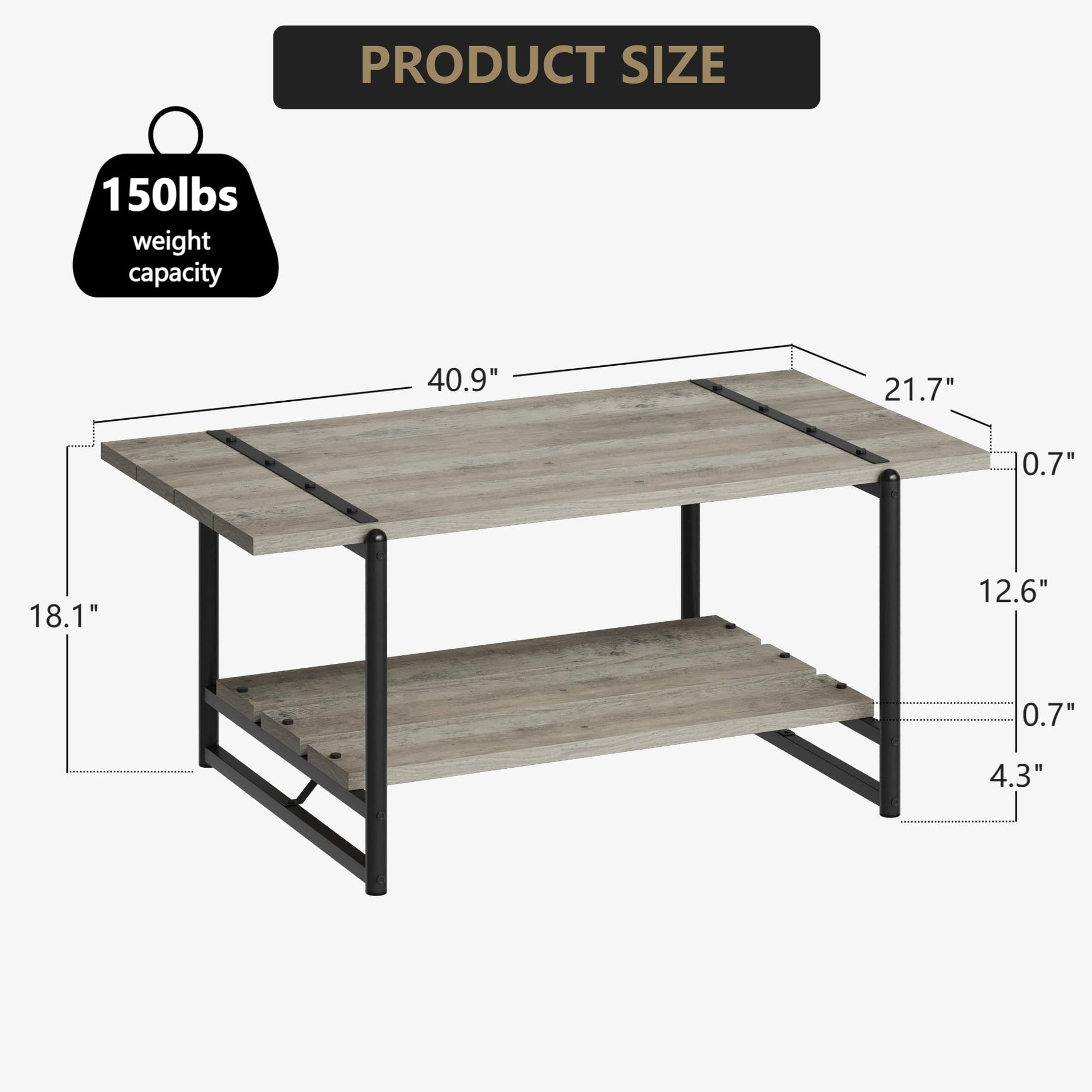 Tavolino da caffè Garvee a 2 livelli in stile rustico, 41'', in legno grigio con struttura in metallo per soggiorno e ufficio, stile rustico-moderno