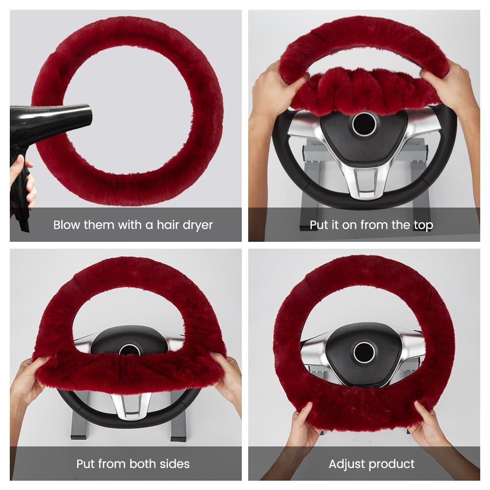 Garvee Set di 6 coprivolante morbidi con coprifreno a mano e portachiavi in peluche per interni auto, bordeaux, elastico, invernale