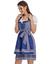 Garvee Costume tradizionale Dirndl Oktoberfest da donna, 3 pezzi, unico, gonna midi, abito, camicetta, grembiule, a quadri, blu, taglia M
