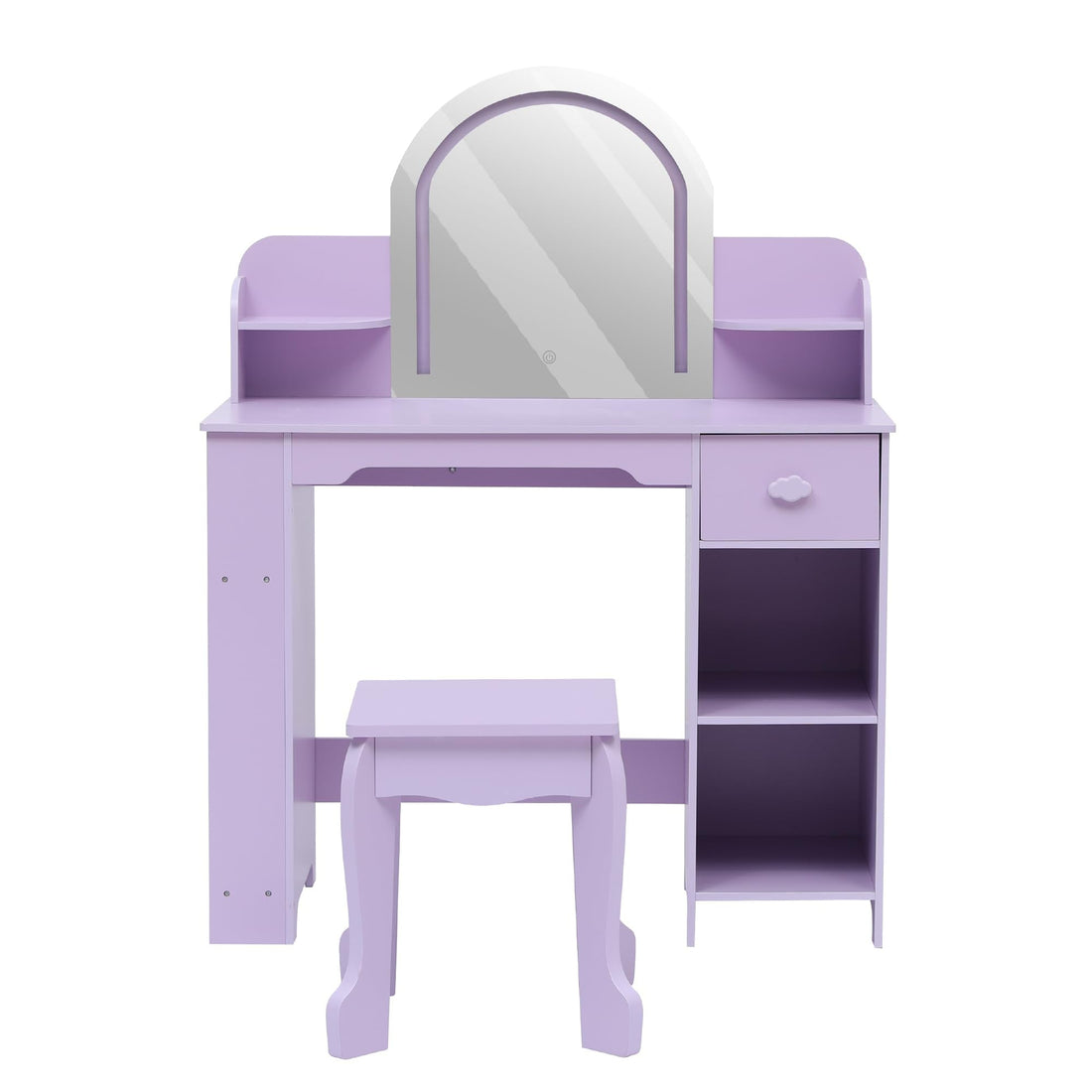 Toeletta per bambini Garvee con specchio illuminato, mobiletto e sgabello 2 in 1, MDF, modalità luce LED, spazio di archiviazione, per bambine dai 3 ai 9 anni, camera da letto e sala giochi