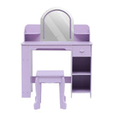 Toeletta per bambini Garvee con specchio illuminato, mobiletto e sgabello 2 in 1, MDF, modalità luce LED, spazio di archiviazione, per bambine dai 3 ai 9 anni, camera da letto e sala giochi - Viola