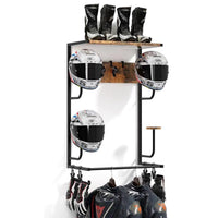 Supporto da parete per casco da moto Garvee con 4 caschi, ganci per guanti, metallo e legno, per garage e ingresso, robusto, salvaspazio