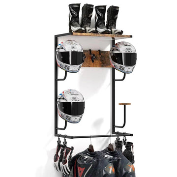 Supporto da parete per casco da moto Garvee con 4 caschi, ganci per guanti, metallo e legno, per garage e ingresso, robusto, salvaspazio