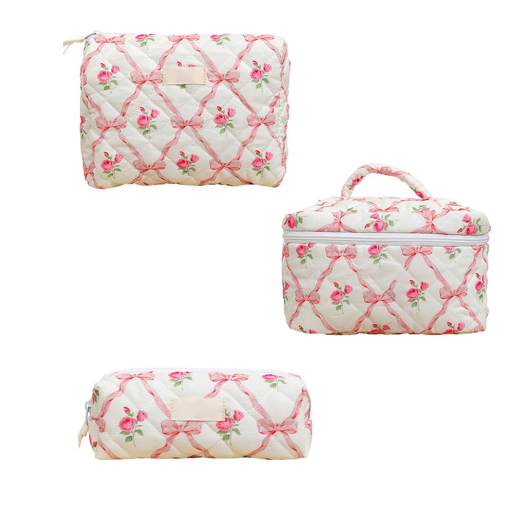 Garvee Borsa per il trucco da 3 pezzi (L+M+S) Piccola borsa per cosmetici da donna, da viaggio, all'aperto, con fiori rosa