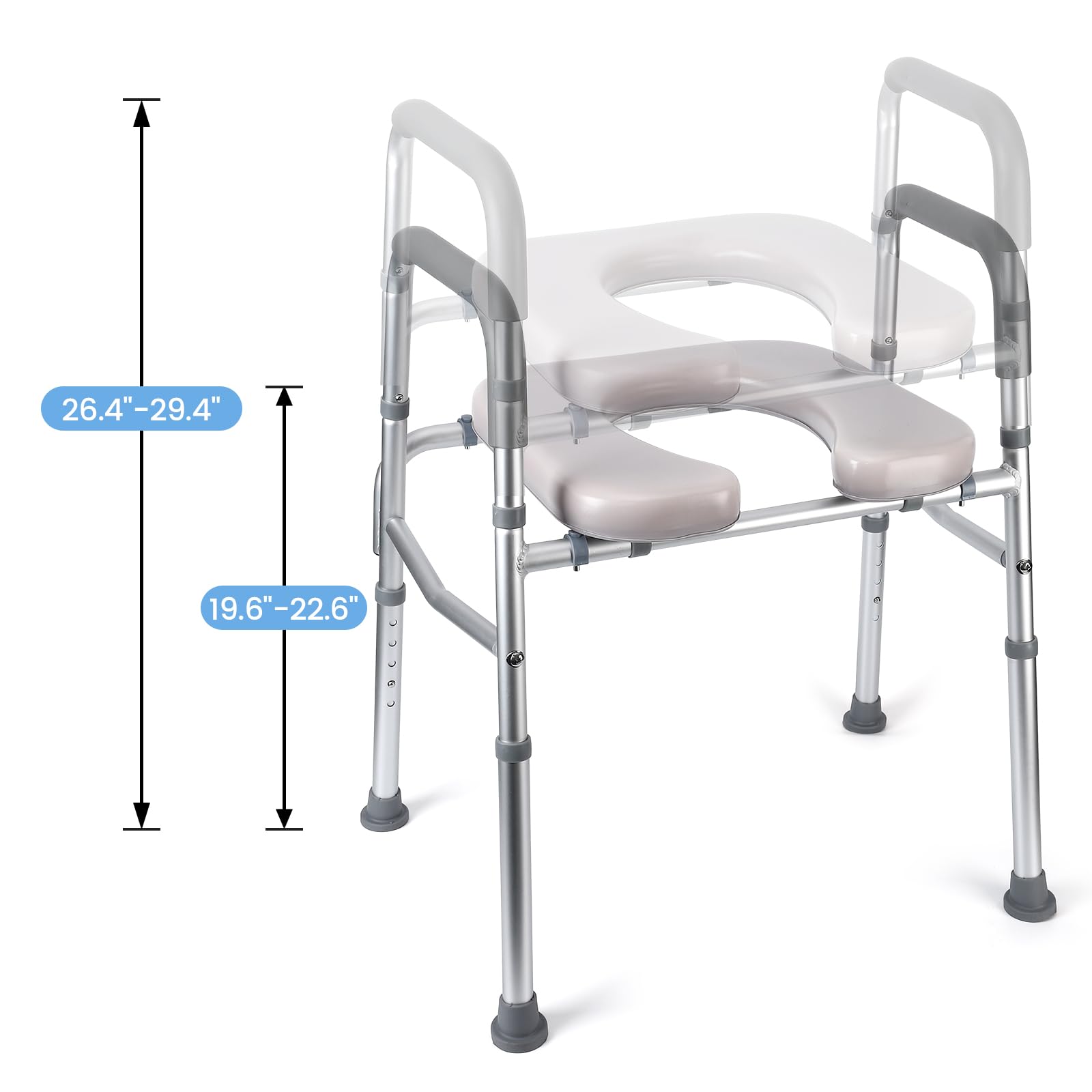 Sedile WC rialzato Garvee con telaio in alluminio, altezza regolabile, sedile imbottito, maniglie per anziani e disabili, 18-22 pollici, bianco