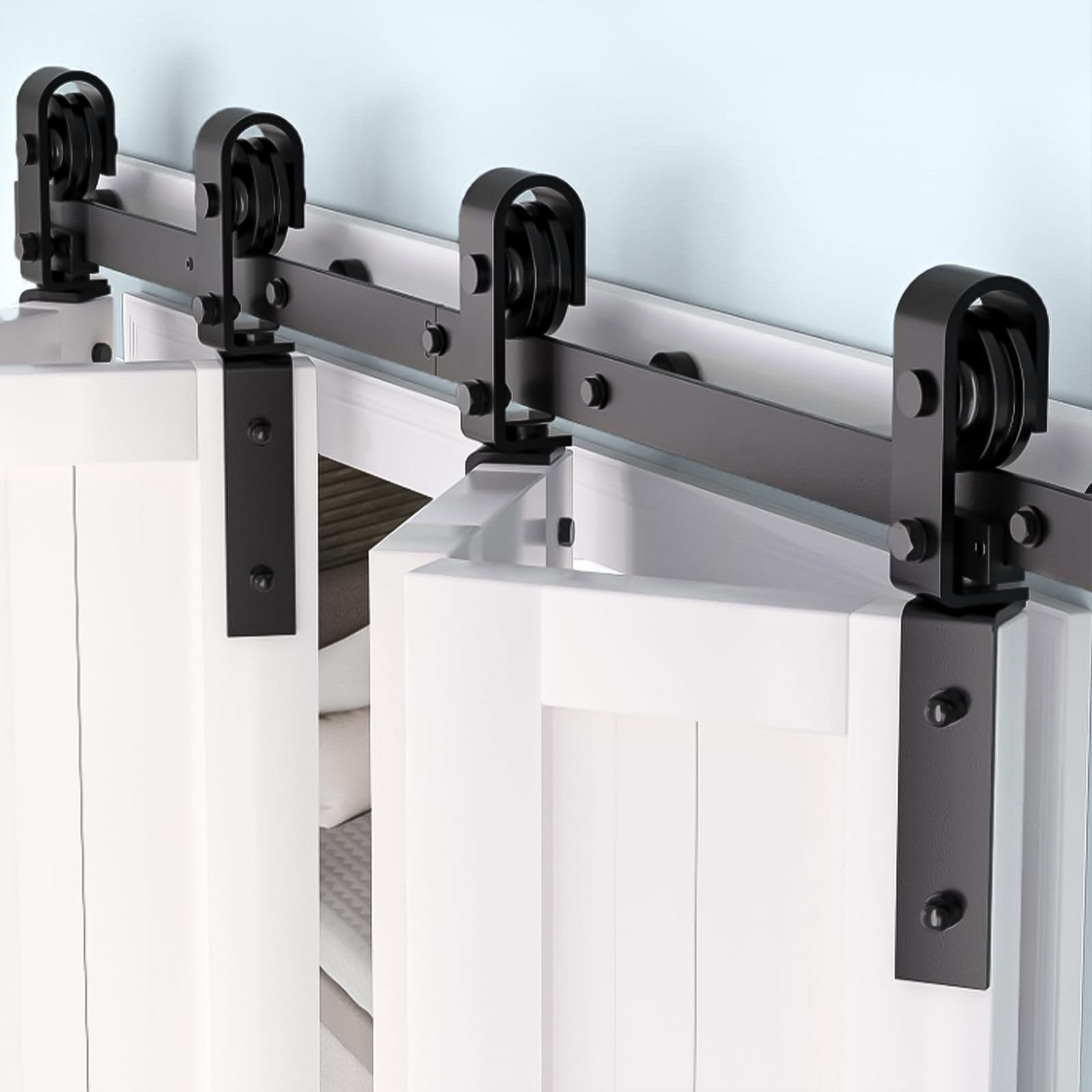 Set di ferramenta per porte scorrevoli pieghevoli Garvee da 52" per 4 porte, acciaio resistente, silenzioso e scorrevole, salvaspazio, porte da 12", nero, soggiorno e sala da pranzo