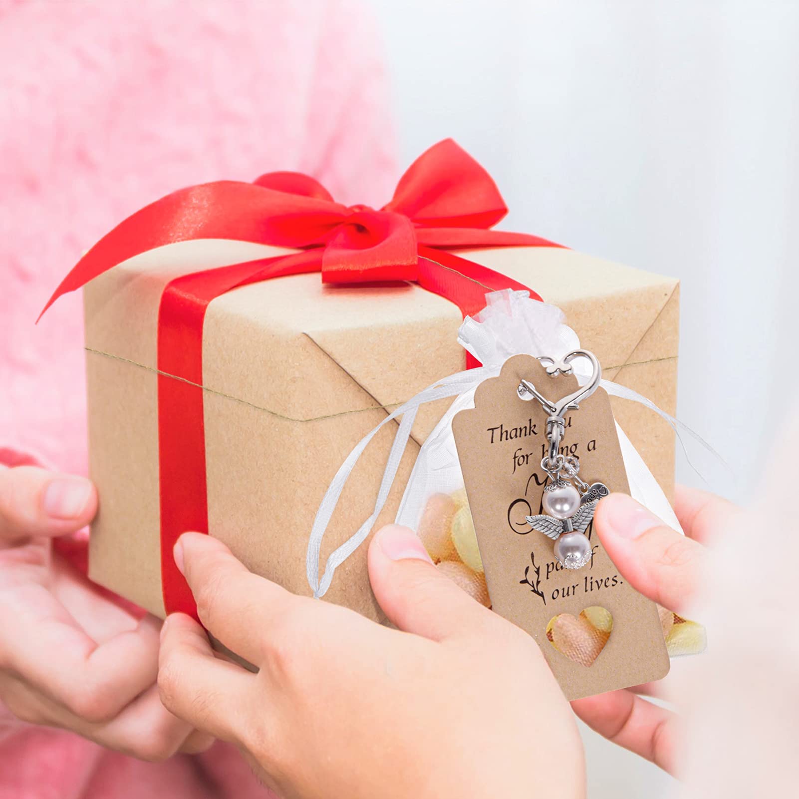 Garvee Lotto 20 Portachiavi Angelo Custode con Perline - Regali Matrimonio e Battesimo - Lega di Zinco Resistente - Rosa Chiaro - Borsa Organza - Feste e Natale