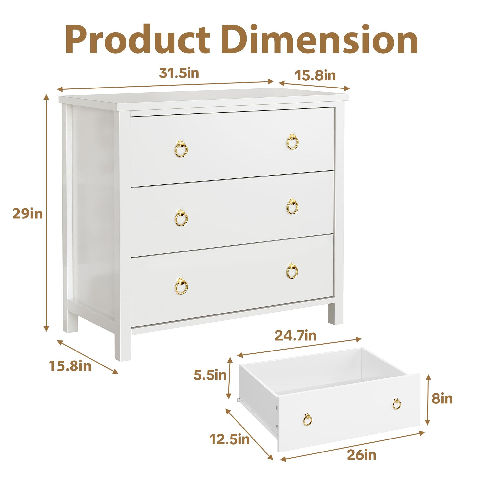 Cassettiera Garvee da camera da letto, 29" con 3 cassetti, bianca, per soggiorno e corridoio, in legno MDF, resistente ai graffi e all'acqua, ampio spazio di archiviazione