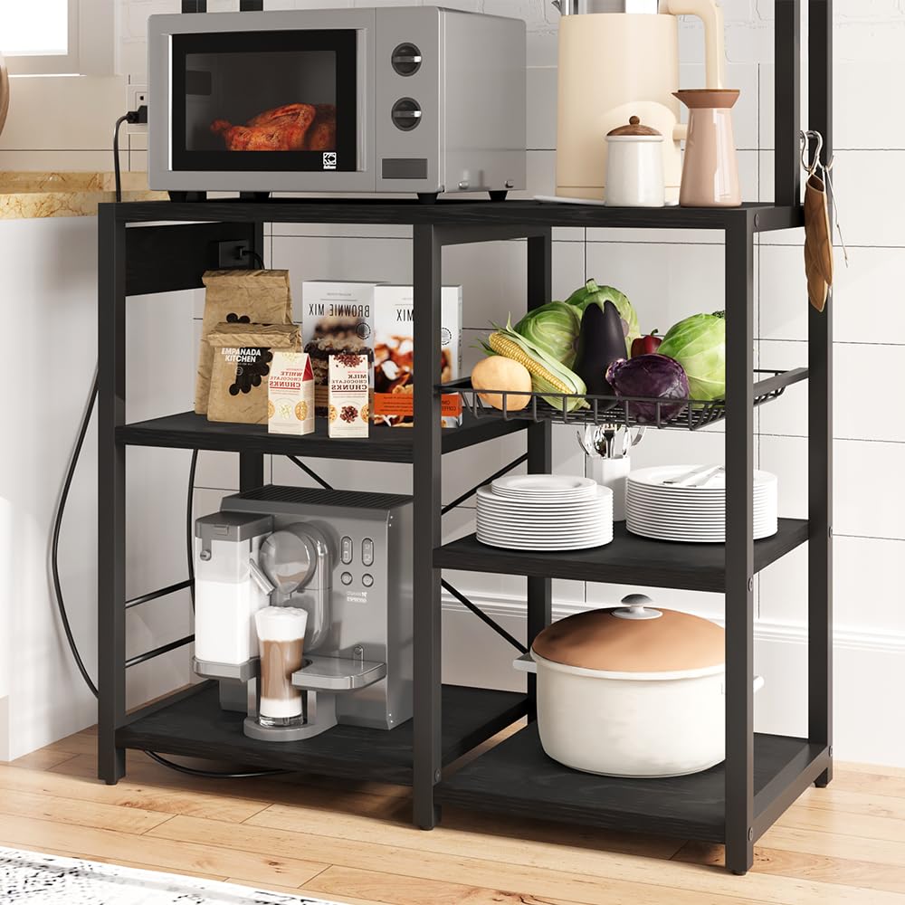 Scaffale Garvee Bakers a 5 ripiani con presa di corrente per cucina e bar, 35,41" L x 15,71" W x 59,12" H, nero, struttura in legno e metallo