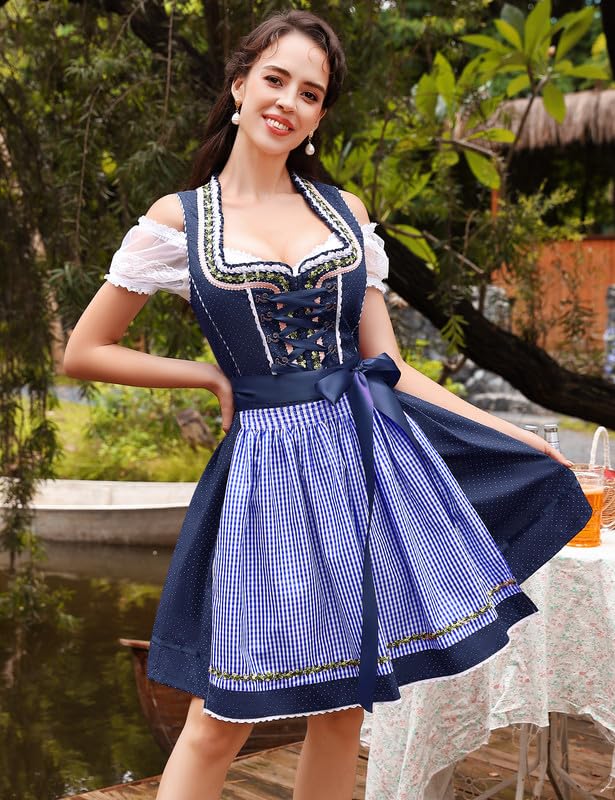 Abito tradizionale Dirndl midi da donna Garvee, 3 pezzi, con camicetta in pizzo bianco e grembiule, blu navy, taglia 34