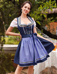 Abito tradizionale Dirndl midi da donna Garvee, 3 pezzi, con camicetta in pizzo bianco e grembiule, blu navy, taglia 34