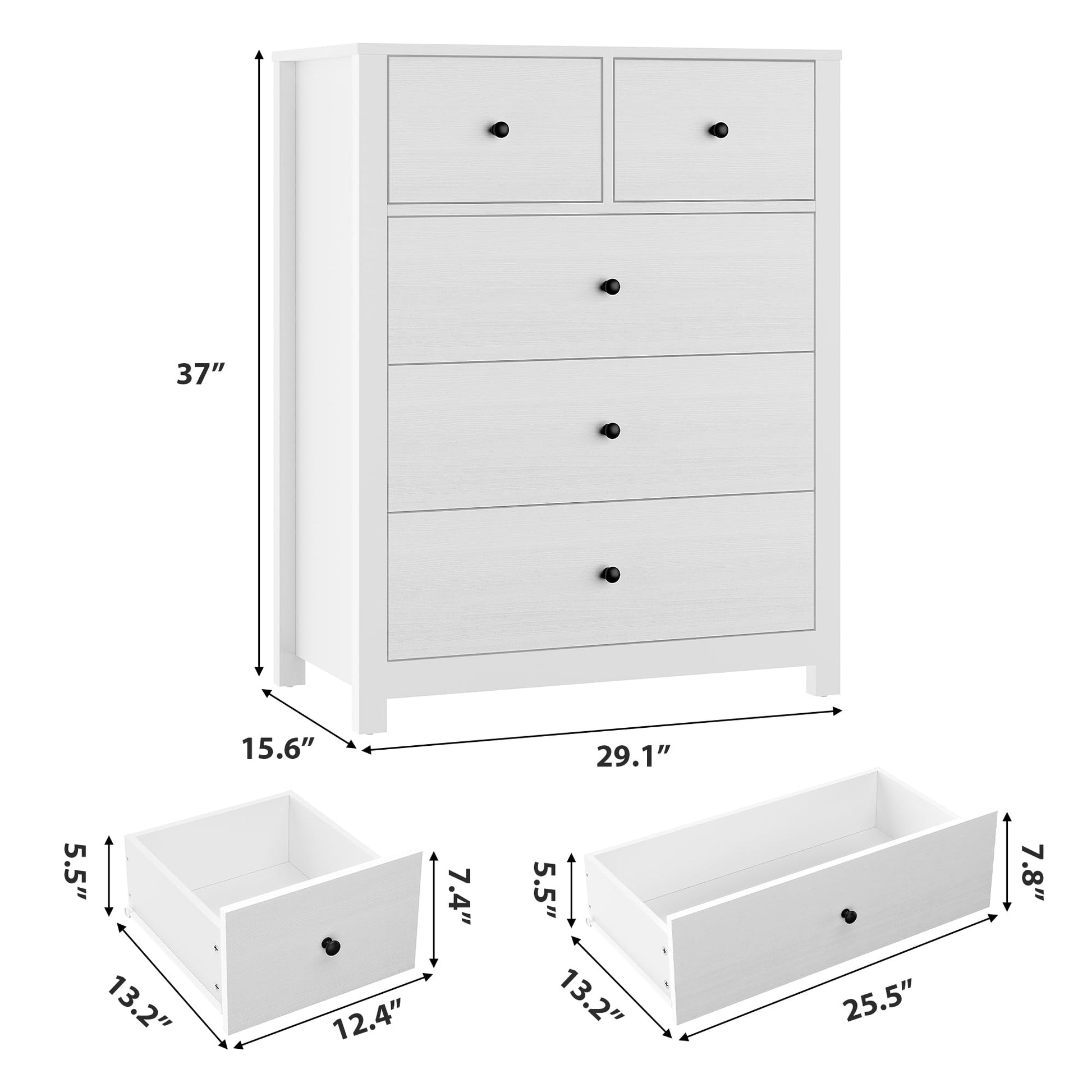 Cassettiera Garvee bianca a 5 cassetti per camera da letto, cameretta e corridoio, 15,6"P x 29"L x 37"A, moderna, robusta e versatile