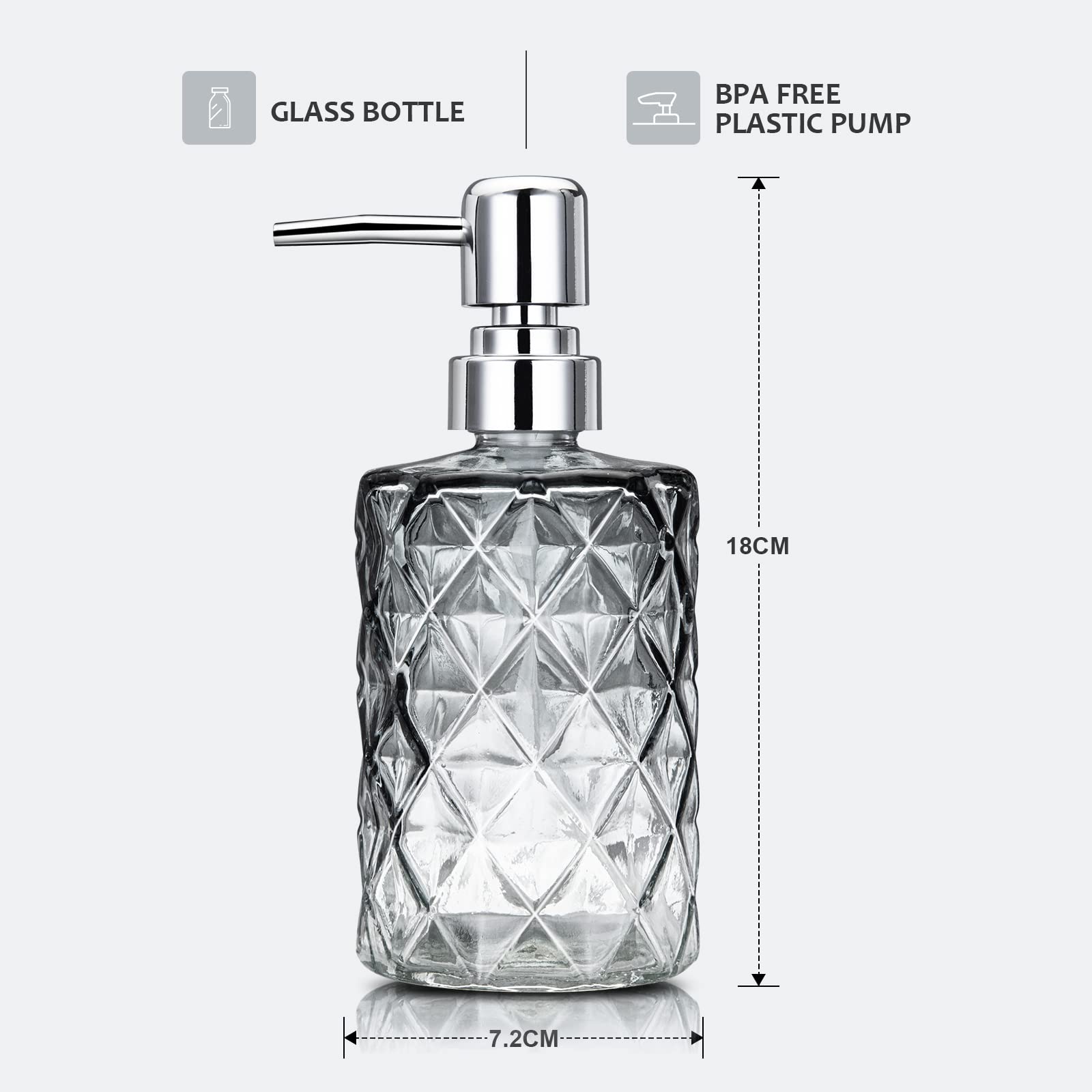 Garvee Set di 2 dispenser di sapone in vetro da 12 once con design a diamante, pompa in acciaio inossidabile, nero trasparente, per bagno e cucina