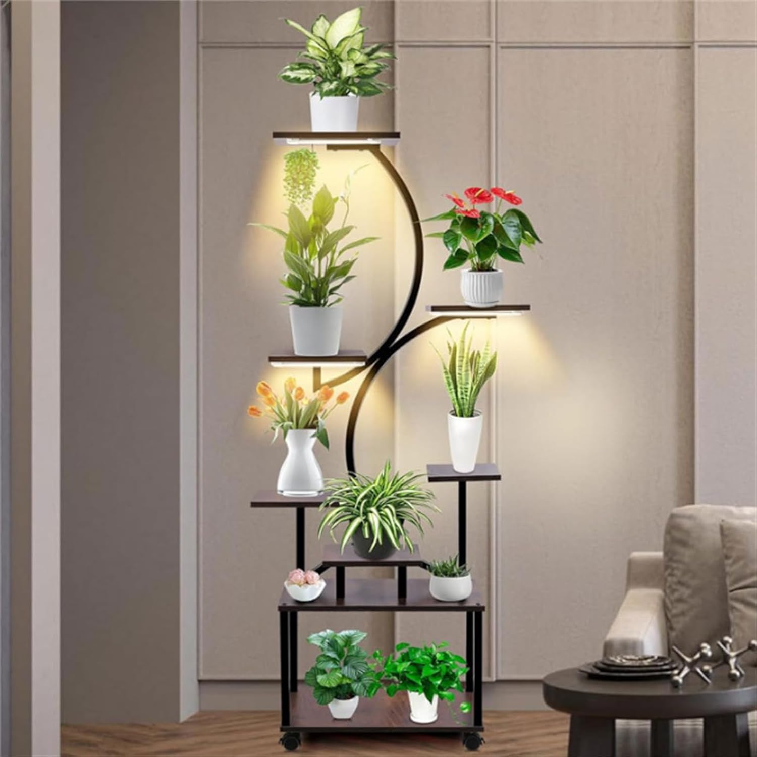 Supporto per piante Garvee con luce di coltivazione, 8 ripiani, metallo e legno, per interni, giardino, balcone, altezza 150 cm, nero