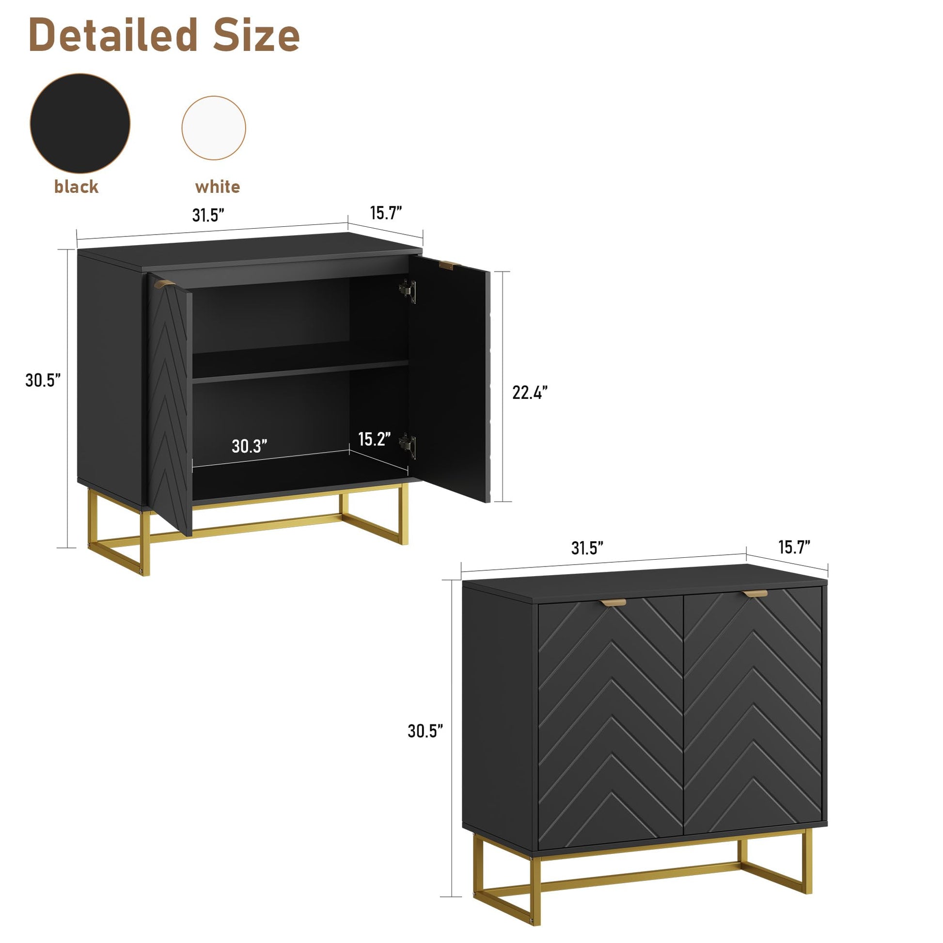 Credenza moderna Garvee da 31,5" con contenitore, motivo a spina di pesce, legno e metallo, maniglie dorate per sala da pranzo e corridoio, oro