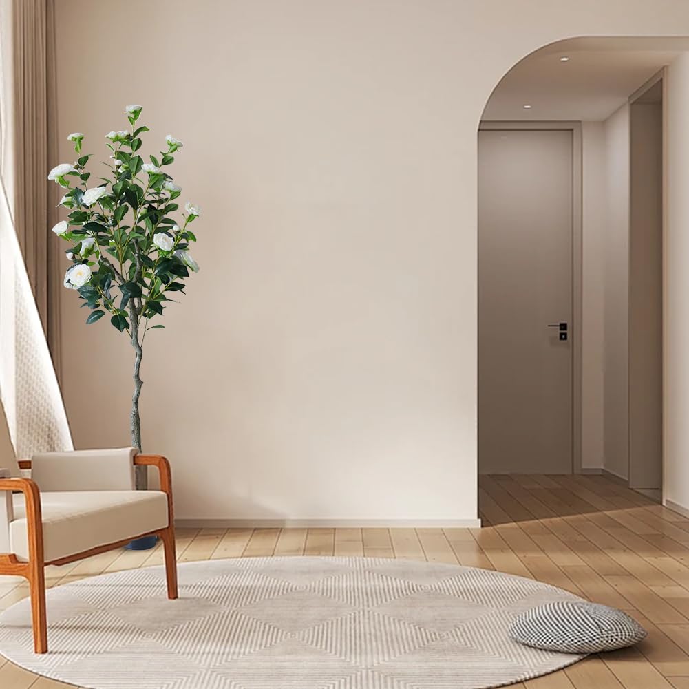 Garvee Set di 2 alberi di camelia artificiali da 150 cm, foglie e fiori realistici, facile da pulire, soggiorno e ufficio, avorio