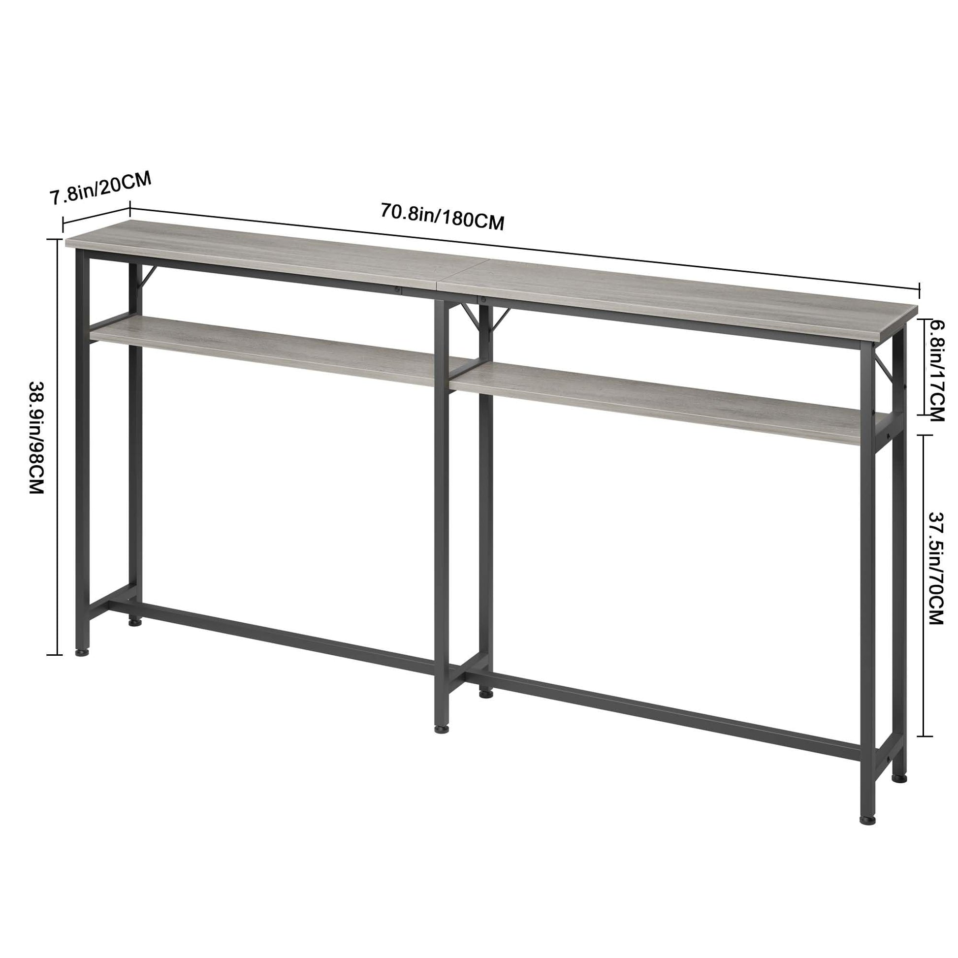 GARVEE Tavolo consolle stretto 180x23x100 cm, 2 ripiani, spazio di archiviazione, legno, extra lungo, grigio, per corridoio e soggiorno