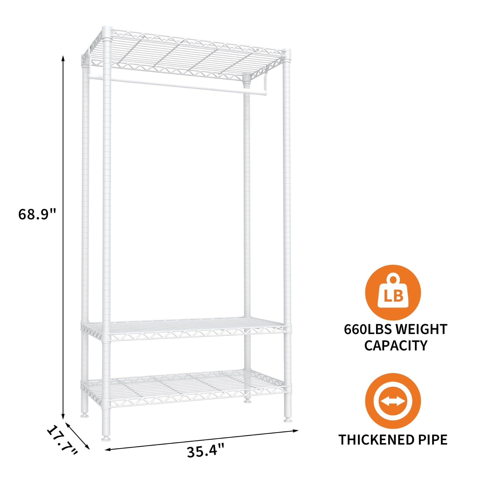 Appendiabiti Garvee Heavy Duty con ripiani, regolabile, in metallo, antiruggine, capacità di carico di 660 libbre, camera da letto e lavanderia, bianco, 35,43"L x 17,72"P x 68,9"A