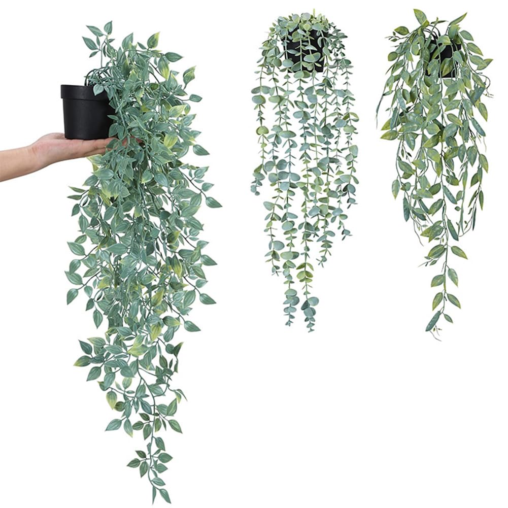 Garvee Set 3 Piante Artificiali Appese 60-80 cm UV-Resistenti Facili da Curare in Plastica Realistiche per Balcone Festa Matrimonio