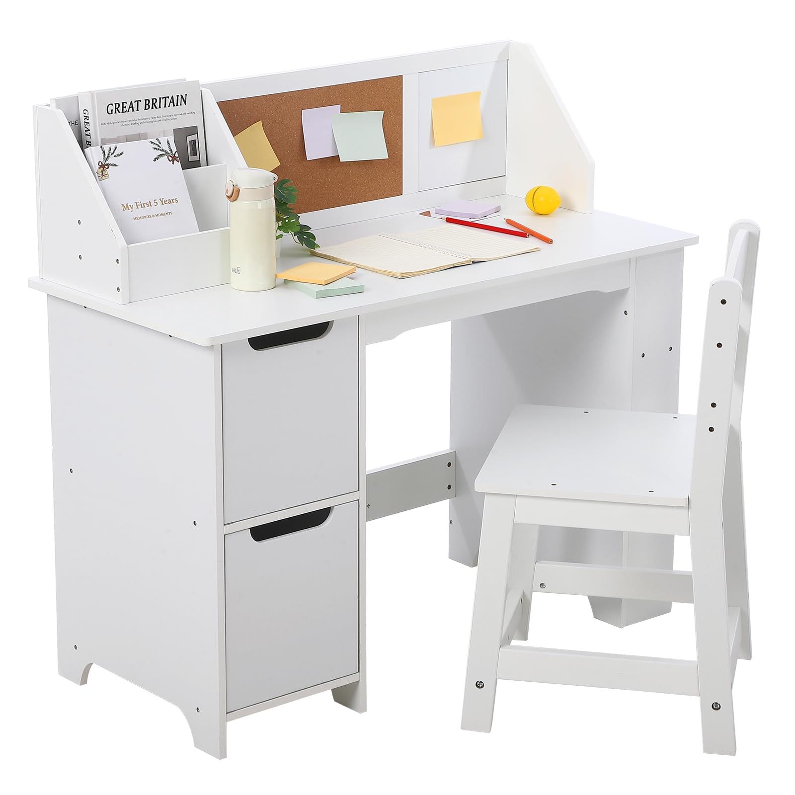 Set da scrivania in legno per bambini Garvee con contenitore, bacheca, sedia ergonomica per casa e scuola, bianco