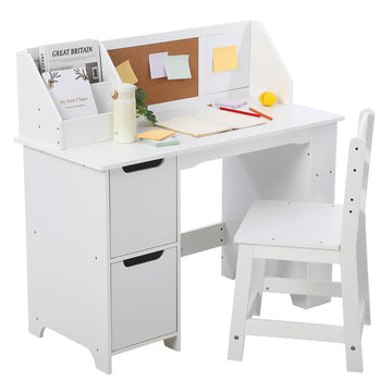 Set da scrivania in legno per bambini Garvee con contenitore, bacheca, sedia ergonomica per casa e scuola, bianco