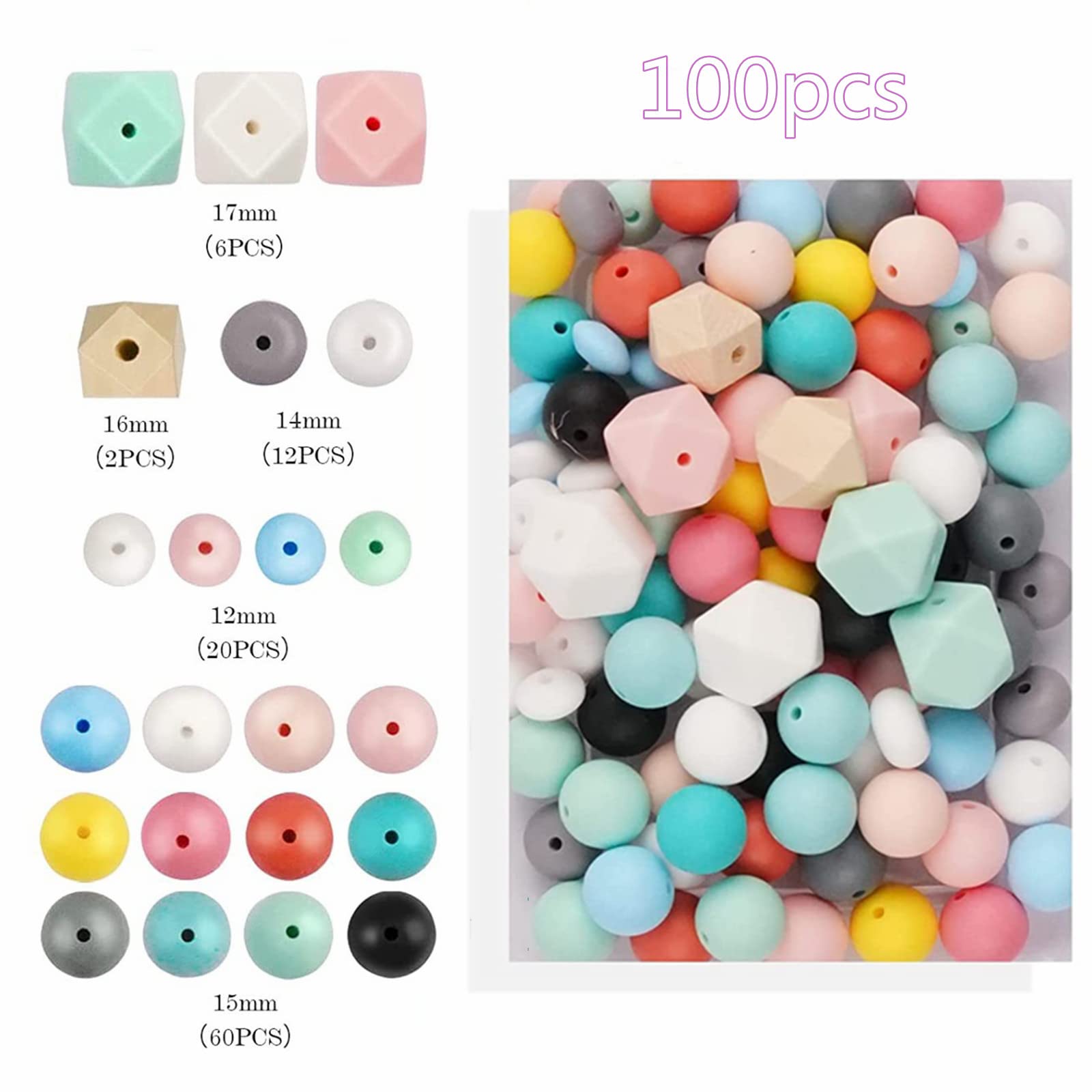 Garvee - Set fai da te di perline in silicone da 100 pezzi, forme rotonde e sfaccettate colorate per la creazione di gioielli, versatili, robuste, fatte a mano