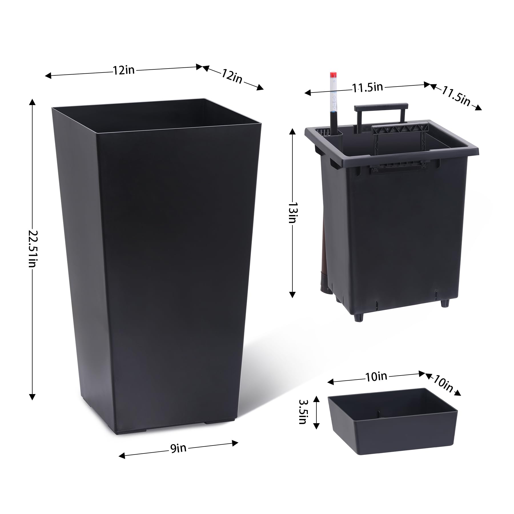 Garvee Set di 2 fioriere alte 22,5" con irrigazione automatica per giardino e patio, nere, plastica resistente alle intemperie, 22,5 pollici