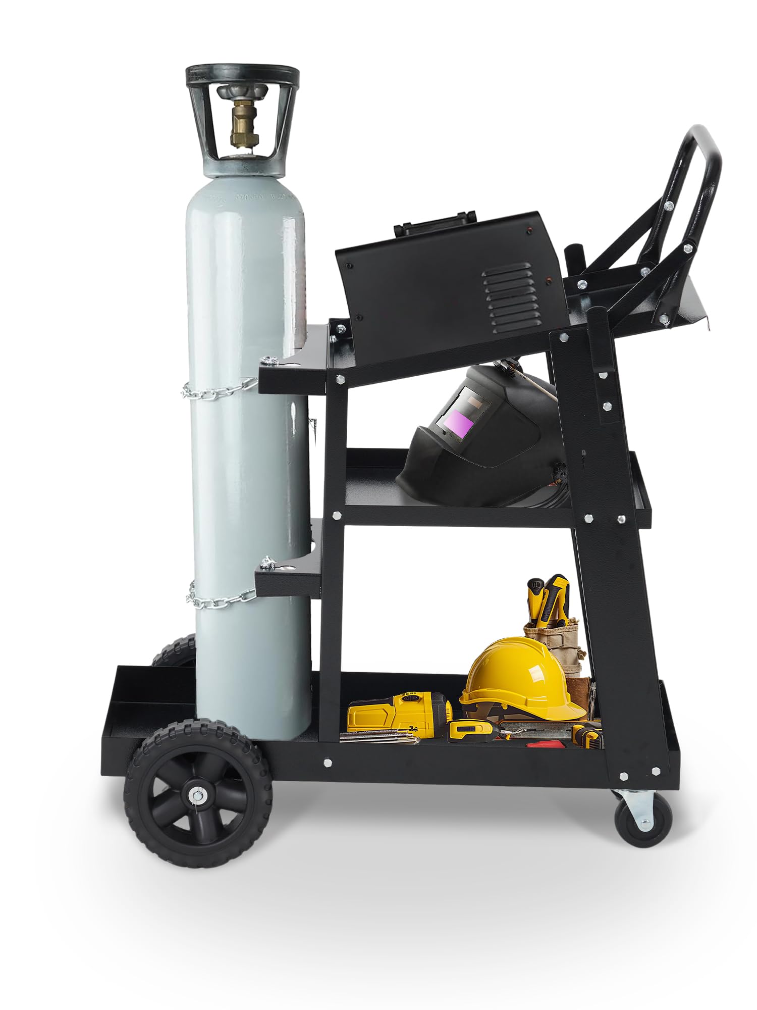 Carrello Saldatura Garvee 3 Ripiani con Ruote 360° e Fibbie Sicurezza, Acciaio Q235 Resistente Nero - Ideale per Festa del Papà in Officina e Cantiere