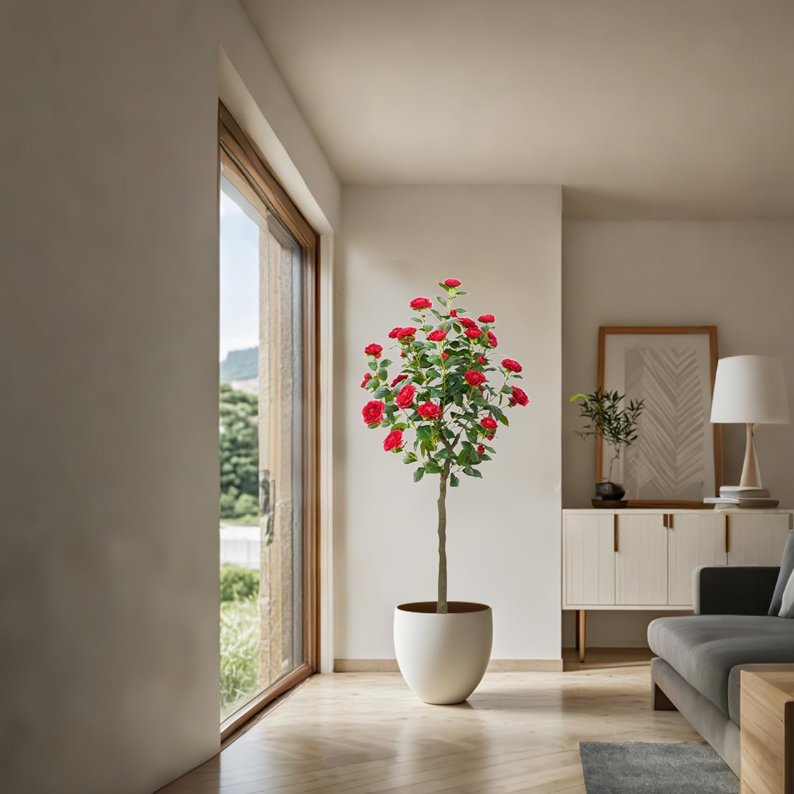 Albero di camelia artificiale rosso Garvee da 5 piedi con fiori e foglie realistici per soggiorno e uso esterno, facile da pulire, robusto, rosso