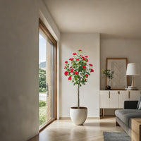Albero di camelia artificiale rosso Garvee da 5 piedi con fiori e foglie realistici per soggiorno e uso esterno, facile da pulire, robusto, rosso