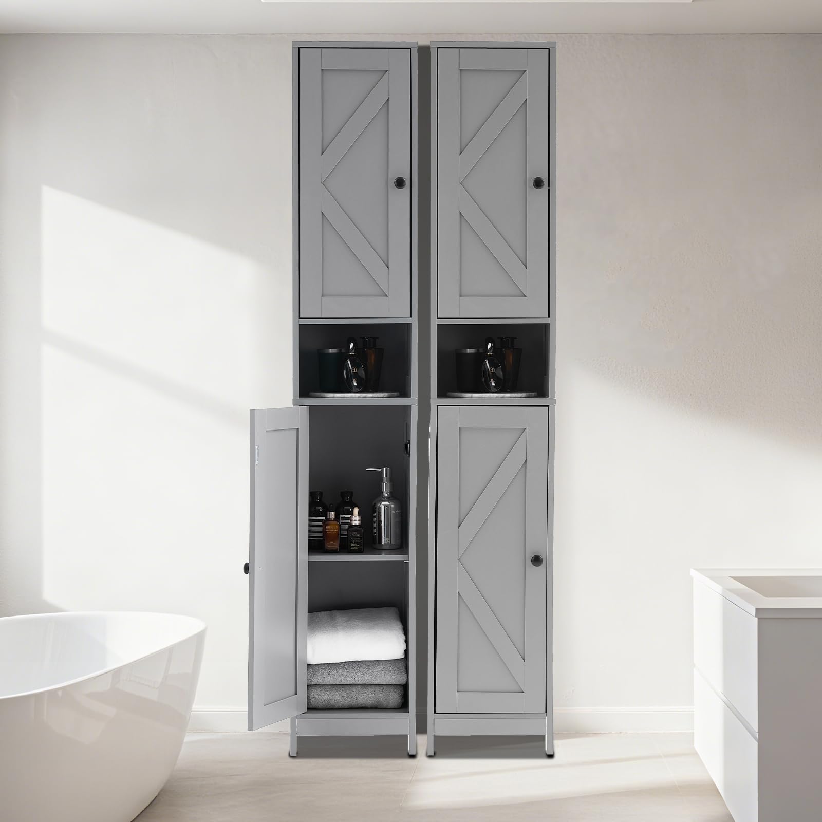 Mobiletto da bagno alto Garvee da 170 cm con 2 ante a battente e 1 cassetto, ripiani regolabili, legno massello, stile rustico, stretto, bianco, versatile per bagno e cucina