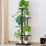 Supporto per piante in metallo Garvee a 5 ripiani con 6 vasi per soggiorno, balcone, giardino, rotondo, resistente alle intemperie, salvaspazio - Nero