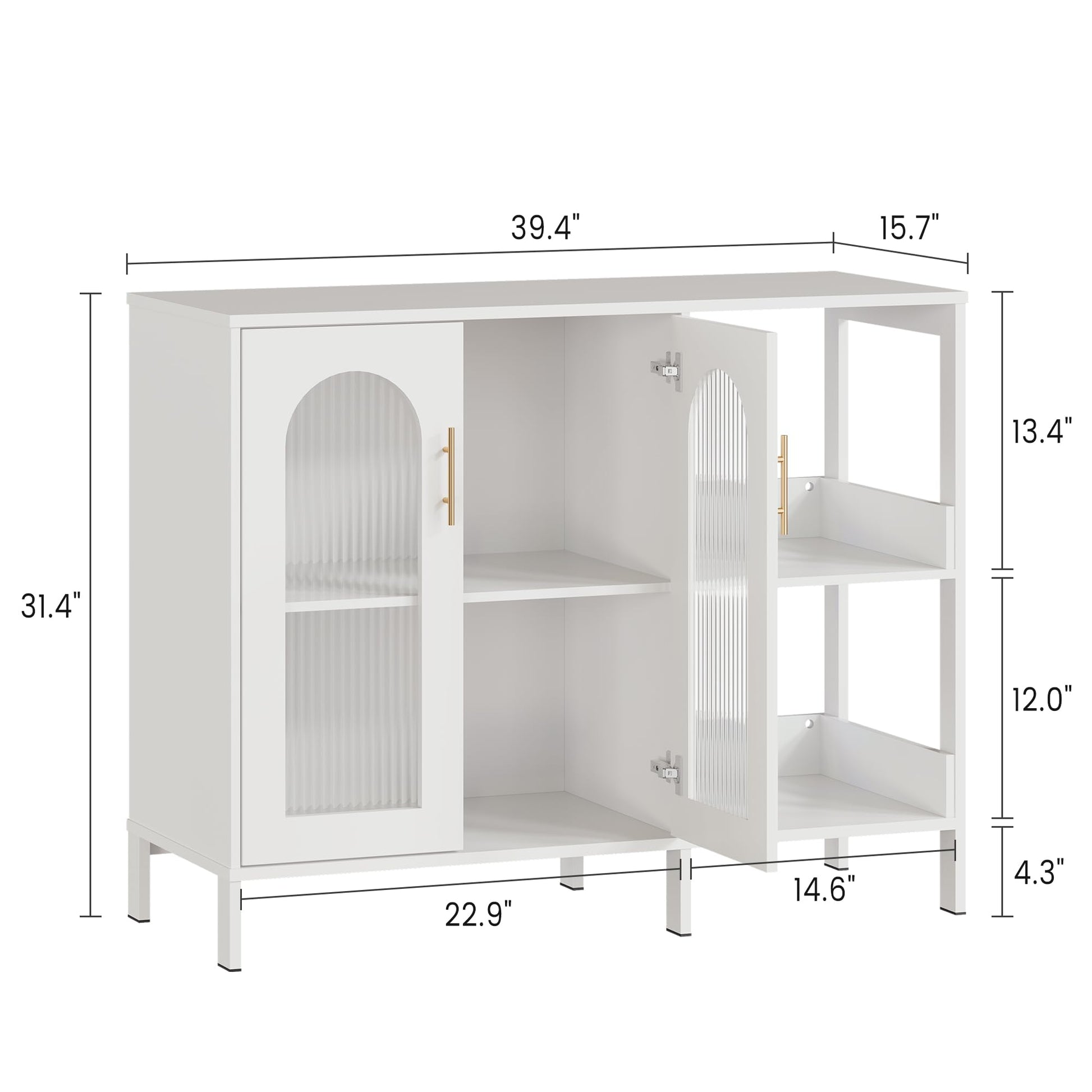 Credenza Garvee Buffet con ante in vetro, ripiani regolabili, MDF 3C, vetro, maniglie in metallo, bianco moderno, per soggiorno e sala da pranzo