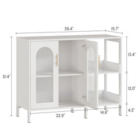 Credenza Garvee Buffet con ante in vetro, ripiani regolabili, MDF 3C, vetro, maniglie in metallo, bianco moderno, per soggiorno e sala da pranzo