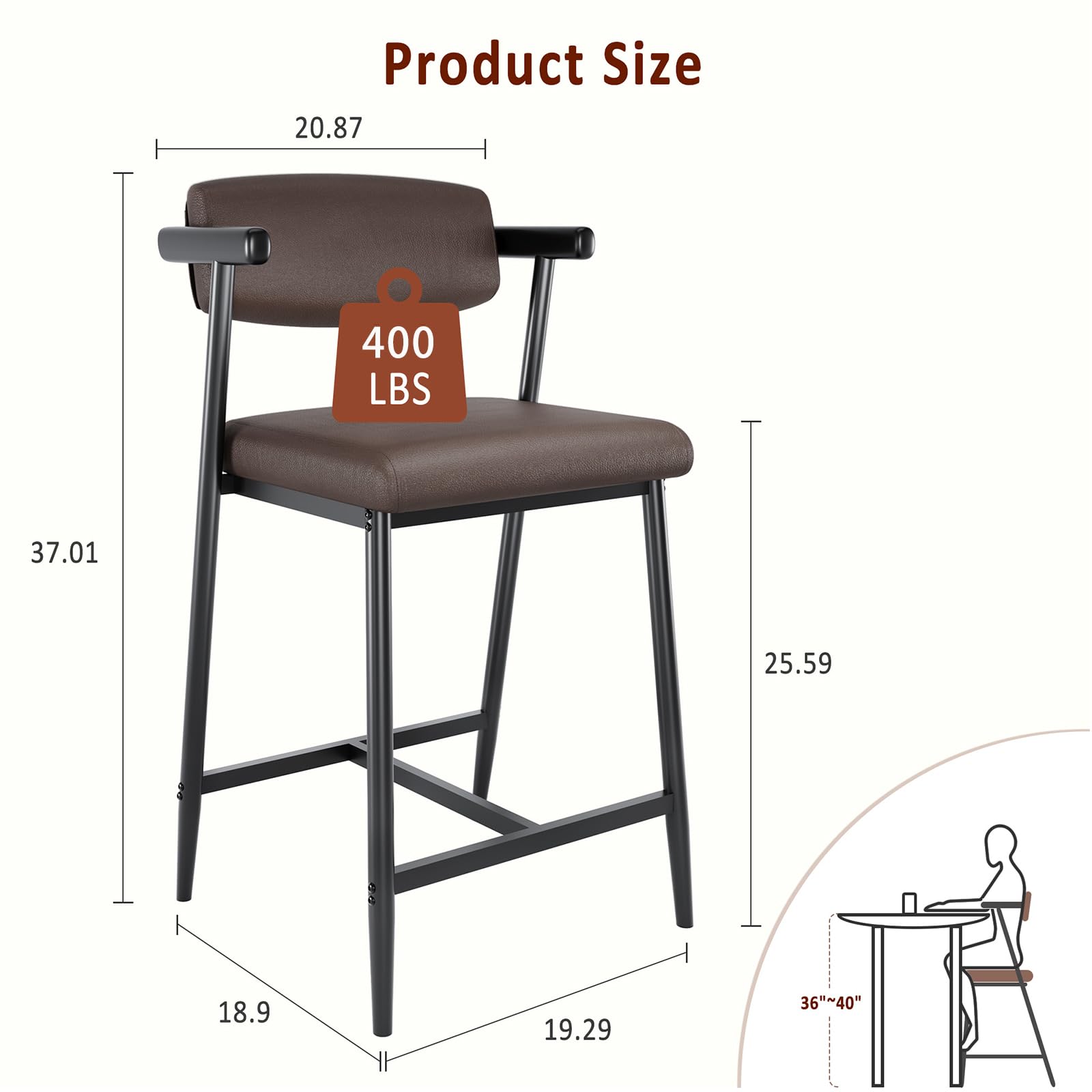 Set di 2 sgabelli da bar Garvee, 26,5" imbottiti, ergonomici con braccioli, seduta ampia e confortevole, struttura in metallo, poggiapiedi, marrone, per cucina e bar