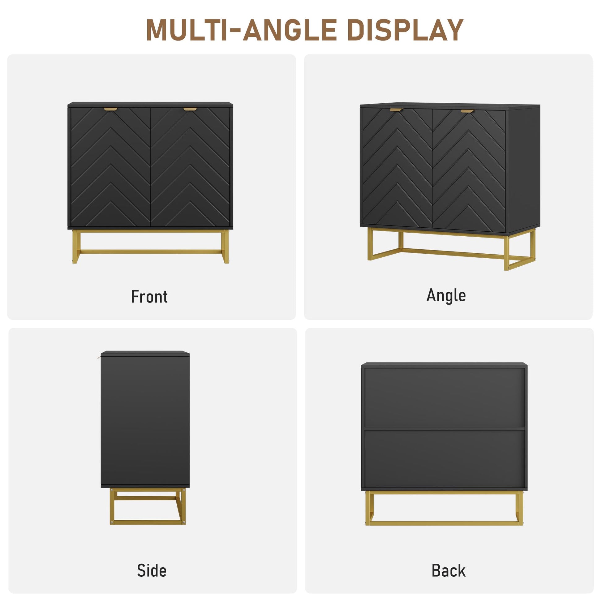 Credenza moderna Garvee da 31,5" con contenitore, motivo a spina di pesce, legno e metallo, maniglie dorate per sala da pranzo e corridoio, oro