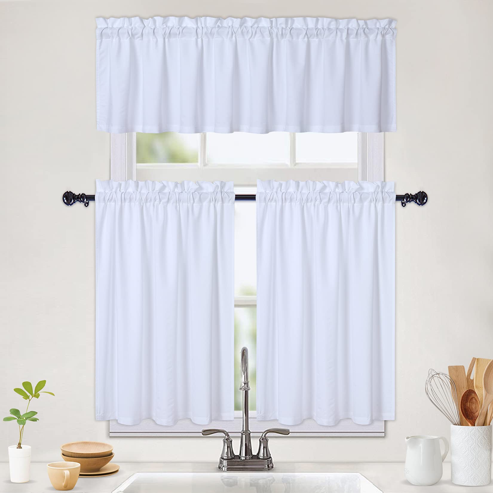 Tende da cucina impermeabili Garvee con trama in rilievo, tende corte color caffè per finestre di bagno e cucina, 2x30x30 pollici, bianco
