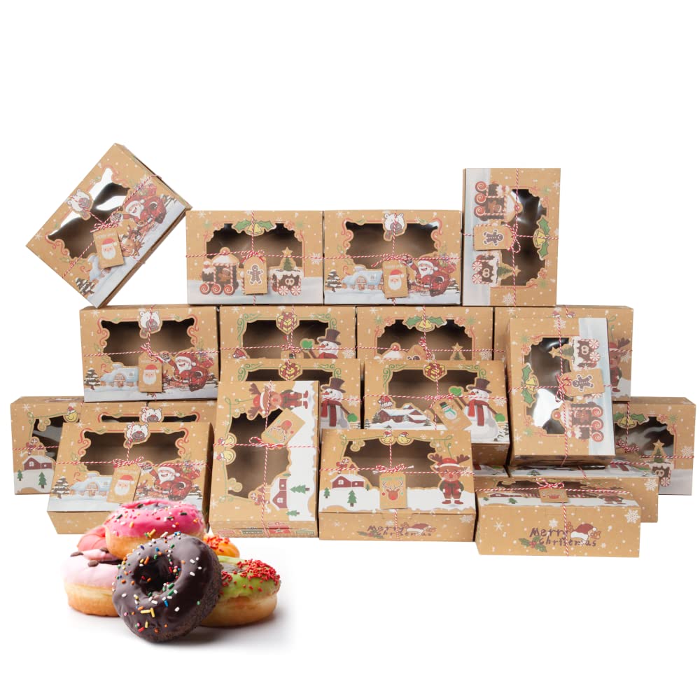 Scatola per biscotti natalizi Garvee da 24 pezzi con finestra, scatola da forno in carta kraft per torte, biscotti, dessert, ciambelle, di grandi dimensioni, design natalizio