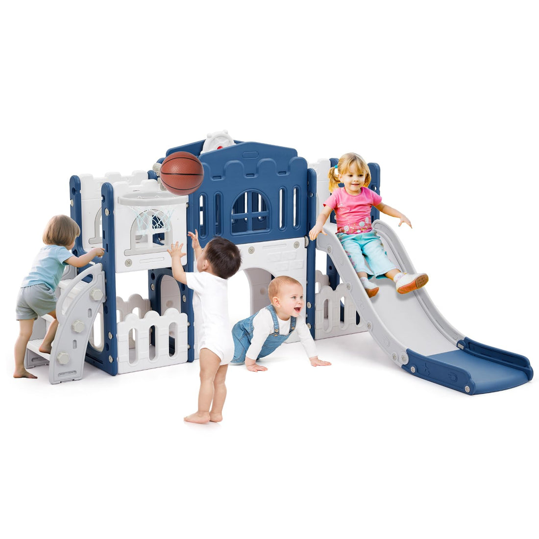 Scivolo per bambini Garvee 8 in 1 con struttura per arrampicata, telescopio, canestro da basket, tunnel e spazio di archiviazione per bambini da 1 a 3 anni, design moderno, multicolore