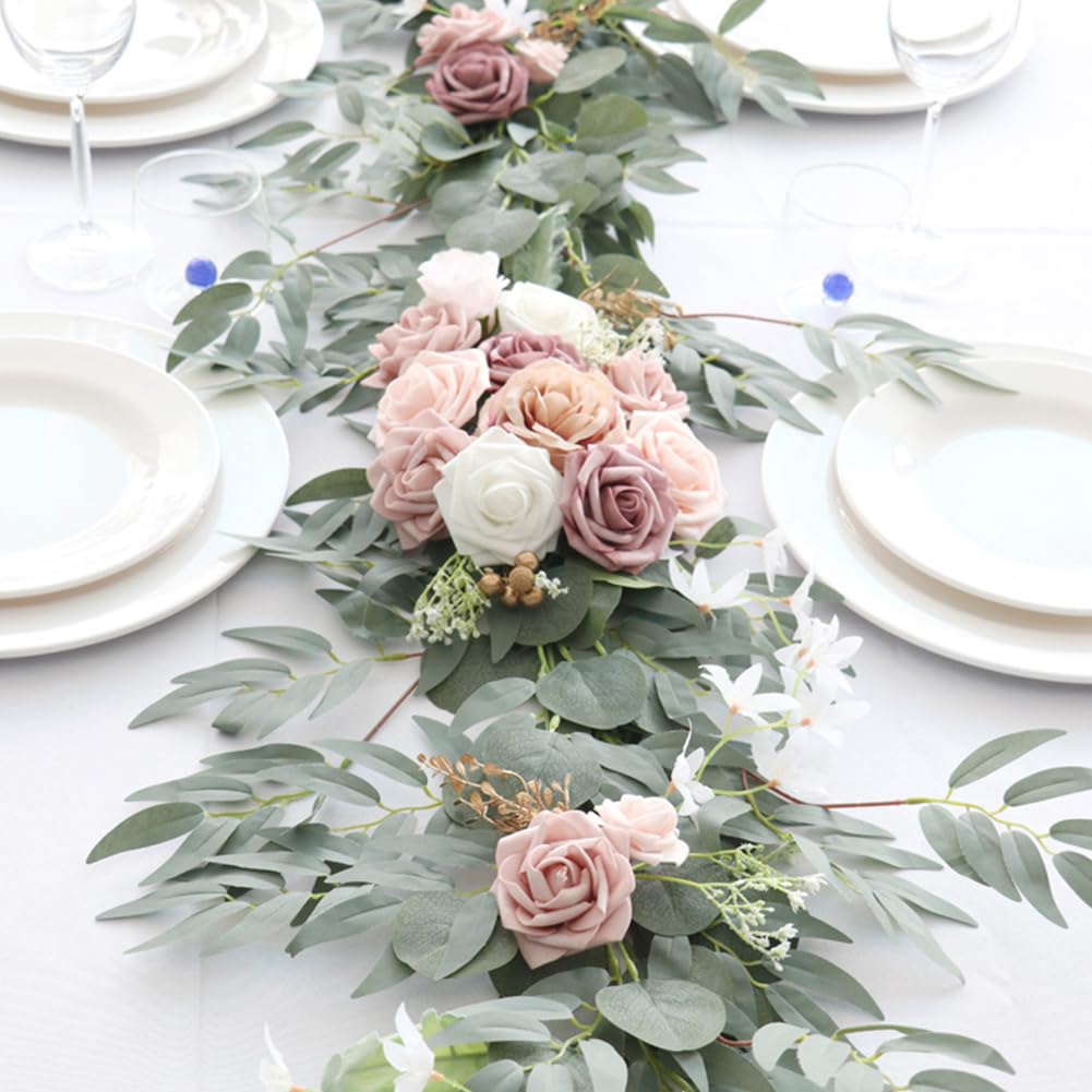 Garvee Ghirlanda Artificiale di Eucalipto con Rose Vintage, 180CM, Fiori Realistici, Mano Intrecciata, Foglie Naturali, Decorazione per Matrimoni e Tavoli