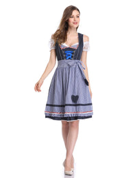 Abito tradizionale Dirndl da donna Garvee, corto con ricami, per l'Oktoberfest, set da tre pezzi, a pois, blu scuro, taglia 34