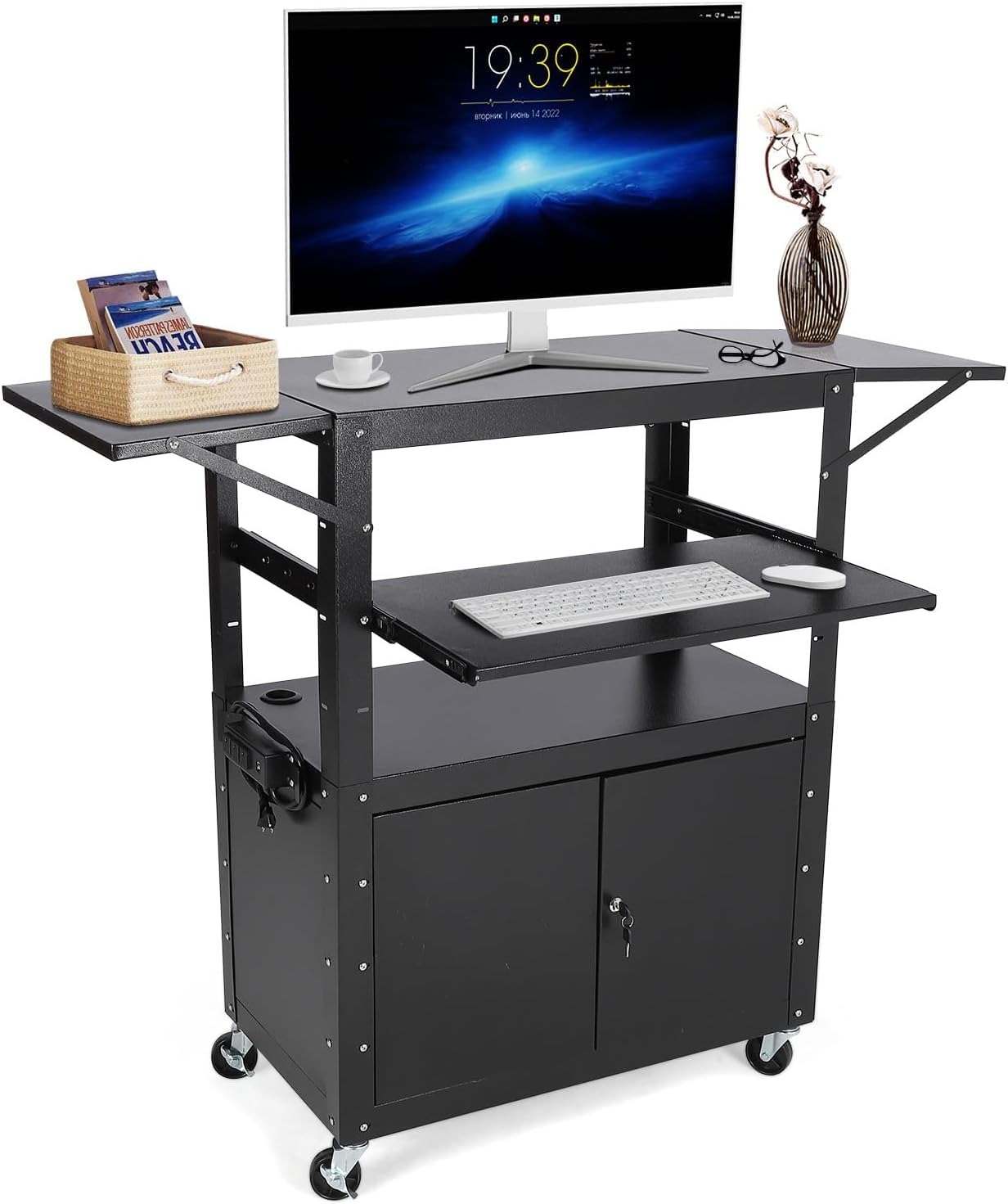 Carrello AV mobile Garvee con mobiletto bloccabile, altezza regolabile, supporto per laptop, acciaio, postazione di lavoro mobile, spazio di archiviazione, ideale per uffici, nero